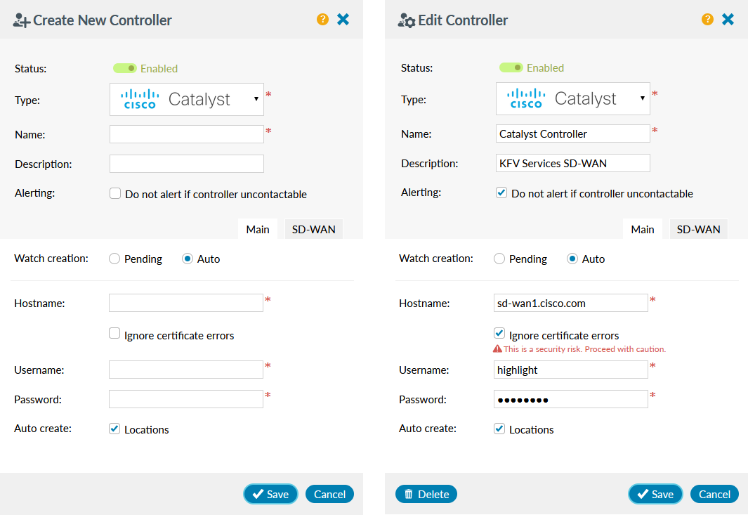 SD-WAN create or edit Cisco Catalyst controller panel